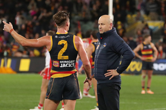 Adelaide’s Ben Keays is puzzled with coach Matthew Nicks.