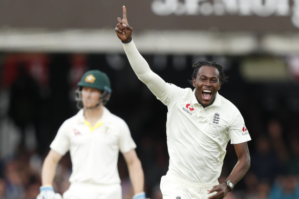 Jofra Archer reacts after taking a wicket in the 2019 Ashes. 
