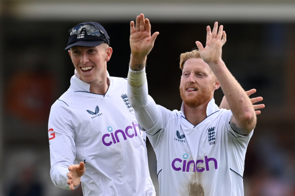 Ben Stokes (right) celebrates a wicket with Zak Crawley on day four of the third Test against South Africa on Sunday.