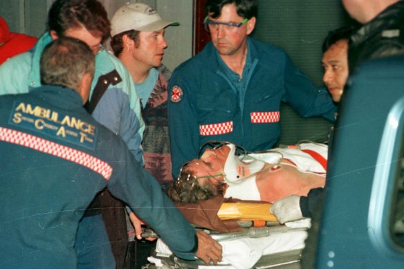 Diver emerges from the rubble on August 2, 1997 after spending 65 hours trapped in freezing cold water while wearing only his underpants.