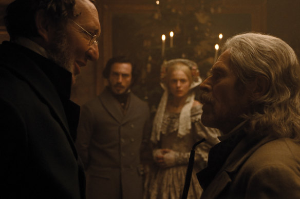 Ralph Ineson stars as Dr. Wilhelm Sievers, Aaron Taylor-Johnson as Friedrich Harding, Emma Corrin as Anna Harding and Willem Dafoe as Professor Albin Eberhart von Franz in director Robert Eggers’ Nosferatu.