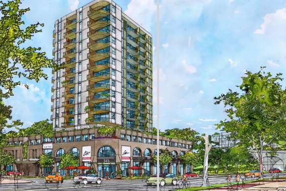 An artist’s impression of a potential development in Lindfield. At 15 storeys, it would be the tallest building in Ku-ring-gai.