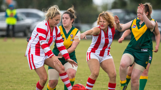 Annie Baldwin, third from left, playing for Mordialloc, May 7, 2017, at Endeavour Hills.
