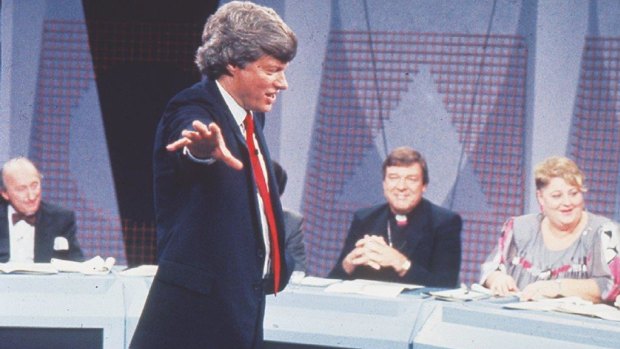 Conducting an ABC TV Hypothetical on medical ethics, “Affairs of the Heart”, in 1989; even panellist George Pell seems amused.