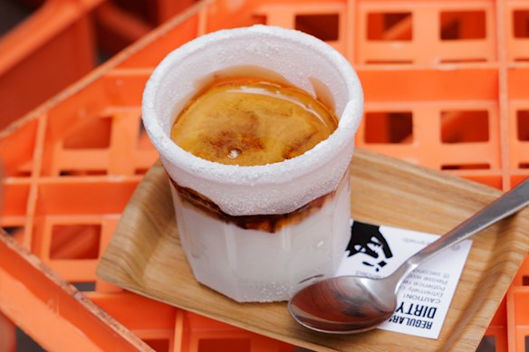 The signature “dirty coffee” served in a tempered glass chilled to minus 85 degrees.