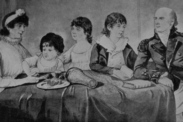 The King family in 1799, including the future governor, Philip (right), wife Anna (left), with their children Phillip, Maria and Elizabeth.
