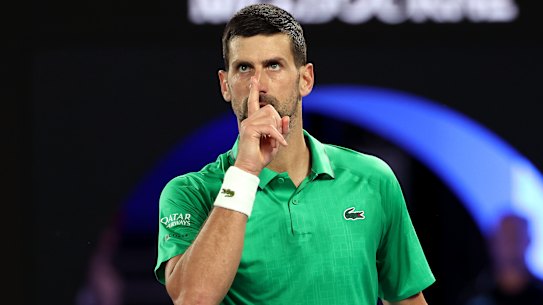 Novak Djokovic of Serbia reacts against Botic van de Zandschulp of the Netherlands.