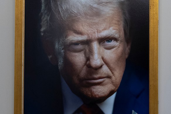 The new official portrait of Donald Trump hangs in a White House building.