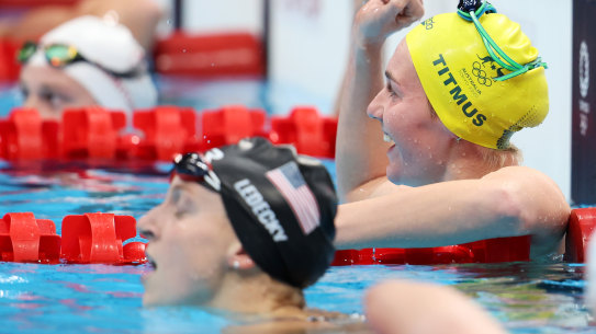 Ariarne Titmus celebrates her victory over Katie Ledecky.