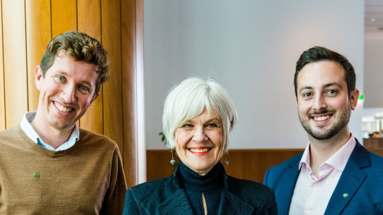 Max Chandler-Mather, Elizabeth Watson-Brown and Stephen Bates, the three new Greens elected in Brisbane in the 2022 election.