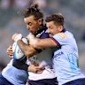 CANBERRA, AUSTRALIA - MARCH 27: Andy Muirhead of the Brumbies is tackled during the round seven Super Rugby match between ACT Brumbies and NSW Waratahs at GIO Stadium, on March 27, 2026, in Canberra, Australia. (Photo by Mark Nolan/Getty Images)
