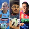 NRL and NRLW players (l-r): Kieran Foran, Quincy Dodd, Latrell Mitchell, Yasmin Clydsdale and Haumole Olakau’atu covering the NRL logo in protest over the collective bargaining agreement talks.