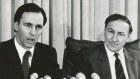 Treasurer Paul Keating and RBA governor Bob Johnston announce the float of the Australian dollar on December 9, 1983.