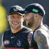 Jordan De Goey (left) with teammate Jeremy Howe at Magpies training on Friday.