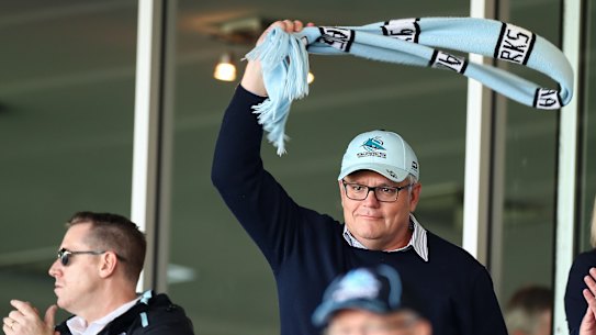 Scott Morrison at a Sharks game in 2020 at Netstrata Jubilee Stadium.