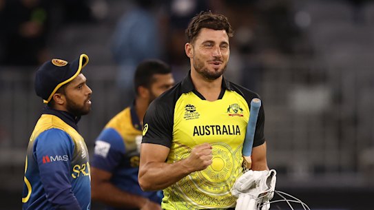 Marcus Stoinis and Aaron Finch after Australia’s win over Sri Lanka.