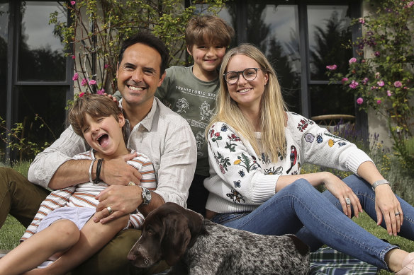 Massimo and Millie Di Maio with their children, Leo and Luca and their dog, Tilly, at their rural property in Jembaicumbene, near Braidwood.