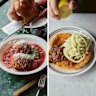 Meatballs with basil pesto (left); chicken schnitzel, burnt salsa, fennel slaw.