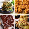 Clockwise from top left: Spring vegetable slice from My Mediterranean Life by Sarah Di Lorenzo, Simon & Schuster; Miss Trixie’s Honey Joy Slice from The Bakers Book, Murdoch Books; Adam Liaw’s zucchini slice; Tim Tam fudgy slice from Arnott’s The Cookbook, AWW Cookbooks.