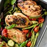 One-tray lemon and herb chicken with vegies.