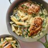 One-pan creamy garlic chicken with greens.