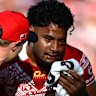 Eli Katoa is helped from the field after a head knock while playing for Tonga.
