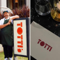 Merivale’s Totti’s logo (left, with executive chef Mike Eggert at Lorne Hotel) and the Totti restaurant in Paris.