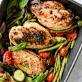 One-tray lemon and herb chicken with vegies.