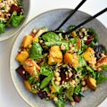 Eat the rainbow with this roasted pumpkin, farro, chickpea and golden halloumi salad.
