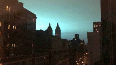 Blue light over New York, as seen from Manhattan.