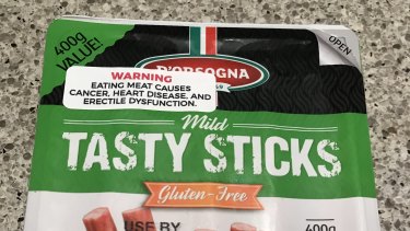 A meat package with a vegan activist sticker, found at Woolworths Top Ryde.