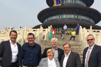 Premier Daniel Andrews (second from left) at Beijing’s Temple of Heaven on his first official visit to China in 2015. Also there: (from left) Qenos chief executive Jonathan Clancy; former Labor MP Marsha Thomson; Melbourne University vice-chancellor Glyn Davis; entrepreneur Harold Mitchell; and Greater China commissioner Tim Dillon. 