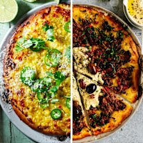 Pizza twins: Jessica Brook’s Mexican corn pizza (left) and Adam Liaw’s lahmacun (lamb pizza) with hummus.