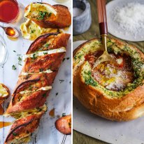 Adam Liaw’s garlic and brie baguette (left) and Katrina Meynink’s garlic bread cobb loaf bowl (right).