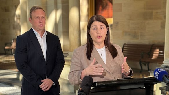 Opposition Leader Steven Miles with former industrial relations minister Grace Grace respond to the LNP’s announcement on Sunday.