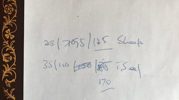 George Brandis’ handwritten note showing the quotas agreed for Australian sheep and beef producers as agreed by Australian Prime Minister Scott Morrison and the UK’s Boris Johnson at Downing Street.
