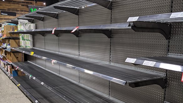 A shelf of toilet paper at Woolworths in Hawthorn East on Tuesday night.