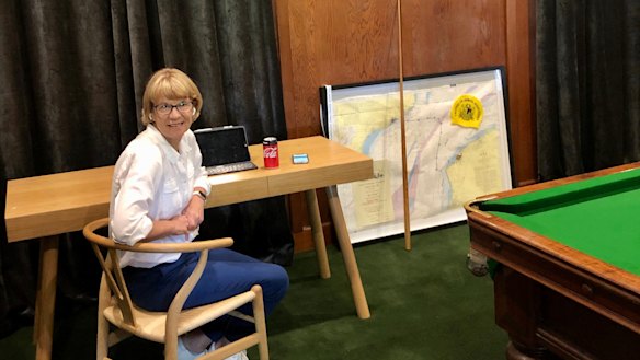 Coca-Cola Amatil boss Alison Watkins working from home, in the pool room of her farm in south-west Victoria.