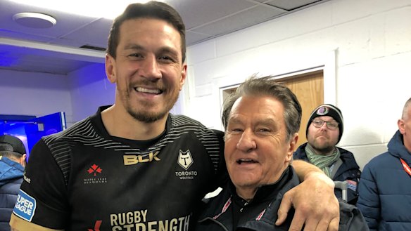 Sonny Bill Williams and Roosters boss Nick Politis reunite after the Wolfpack's loss to Warrington earlier this year.