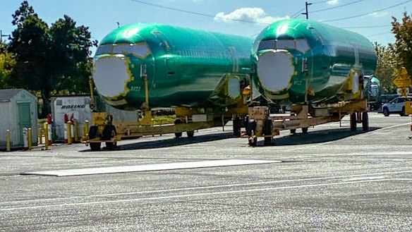 Fuselages fresh in by train from Kansas at Boeing’s Renton, Washington state, factory.