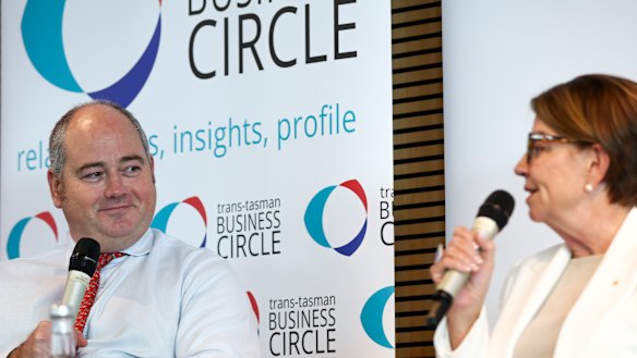 NAB’s Andrew Irvine, who is also chairman of the Australian Banking Association, speaking with ABA chief executive Anna Bligh.