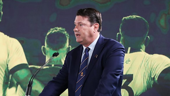 Rugby Australia chairman Hamish McLennan speaking at a 2027 Rugby World Cup bid function. 