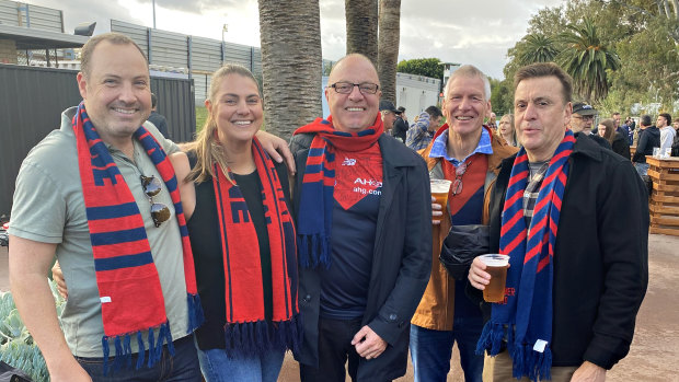 Melbourne Demons supporters (L-R) Simon Sands, Alana Grist, Kim Grist, Mike Salmon and Tony Grist ahead of the preliminary final in Perth. 