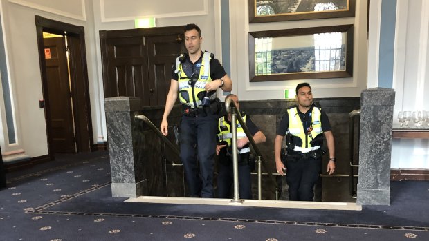 Police arrive at a City of Stonnington council meeting after heated scenes during a protest against the closure of the Victorian Tennis Academy and the Cubbyhouse Canteen. 