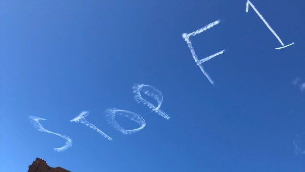 Skywriting in Sydney calling for the Formula One Grand Prix to be cancelled.