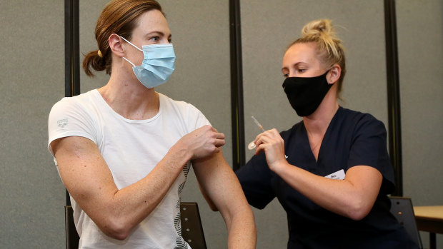 Cate Campbell receives her vaccination on Monday.