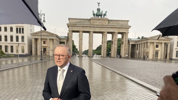 Prime Minister Anthony Albanese at the Brandenburg Gate in Berlin this morning.