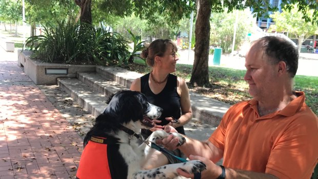 Zorro with his handler/owner, ANU masters student Nicole Gill, and USC masters student  Russell Miller.