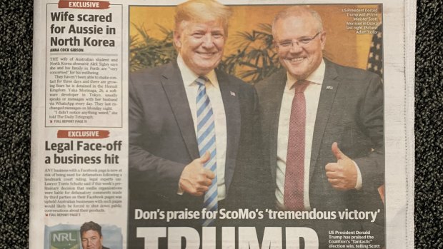 Thumbs up ... Donald Trump and Scott Morrison on The Daily Telegraph's front page on Friday. A bit like a Lowes commercial, only they're at the G20.
  