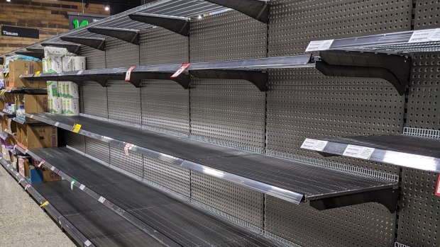 A shelf of toilet paper at Woolworths in Hawthorn East on Tuesday night.